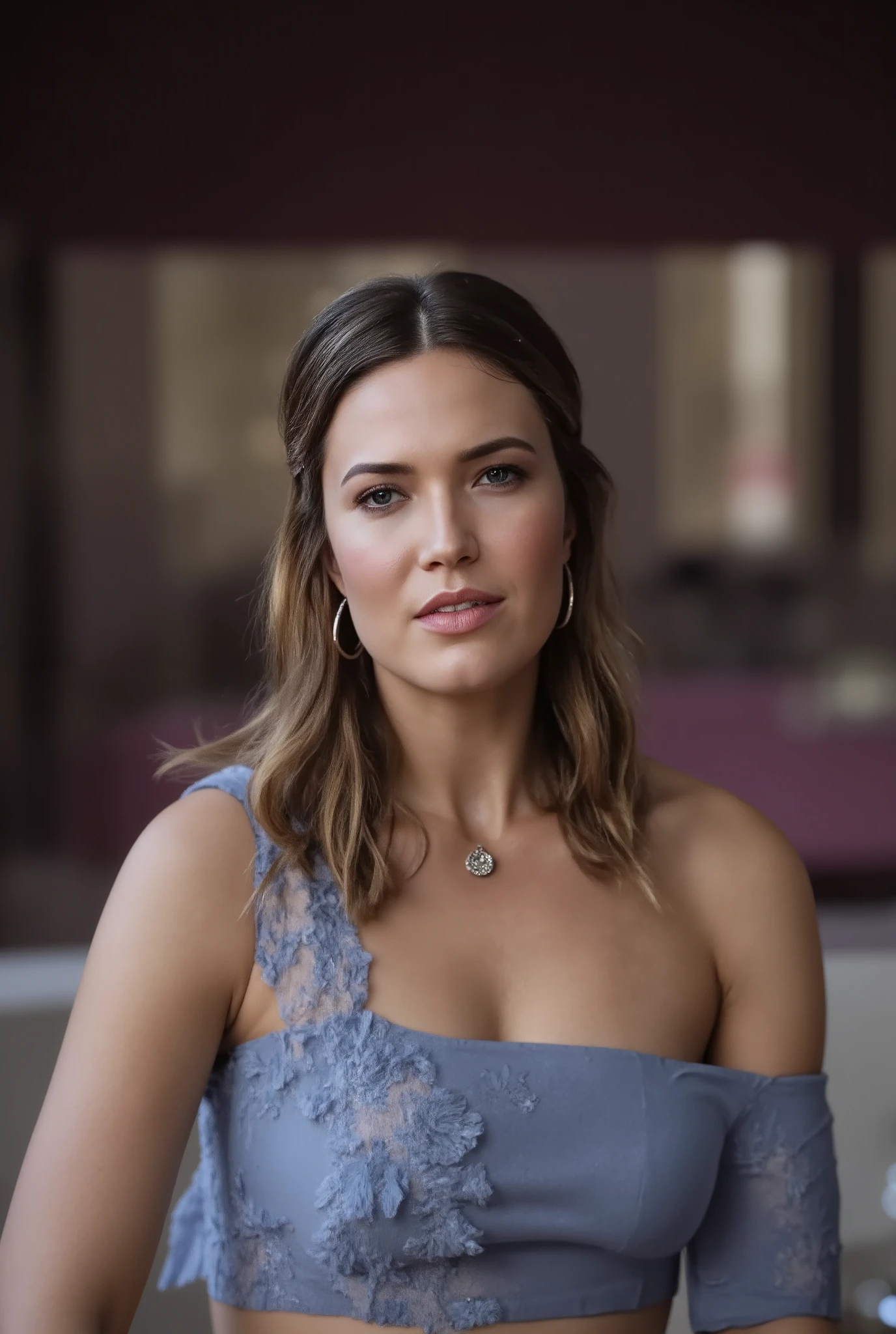 portrait of SKSWOMAN, interested , wearing evening gown , with silver Bob , background fall epic (photo, studio lighting, hard light, sony a7, 50 mm, matte skin, pores, colors, hyperdetailed, hyperrealistic), <lyco:Hayley Atwell:1.1>