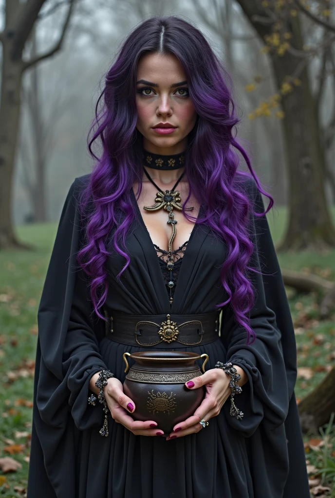 A pale green skin beautiful female witch woman half goblin half human half upper body dark purple clothes