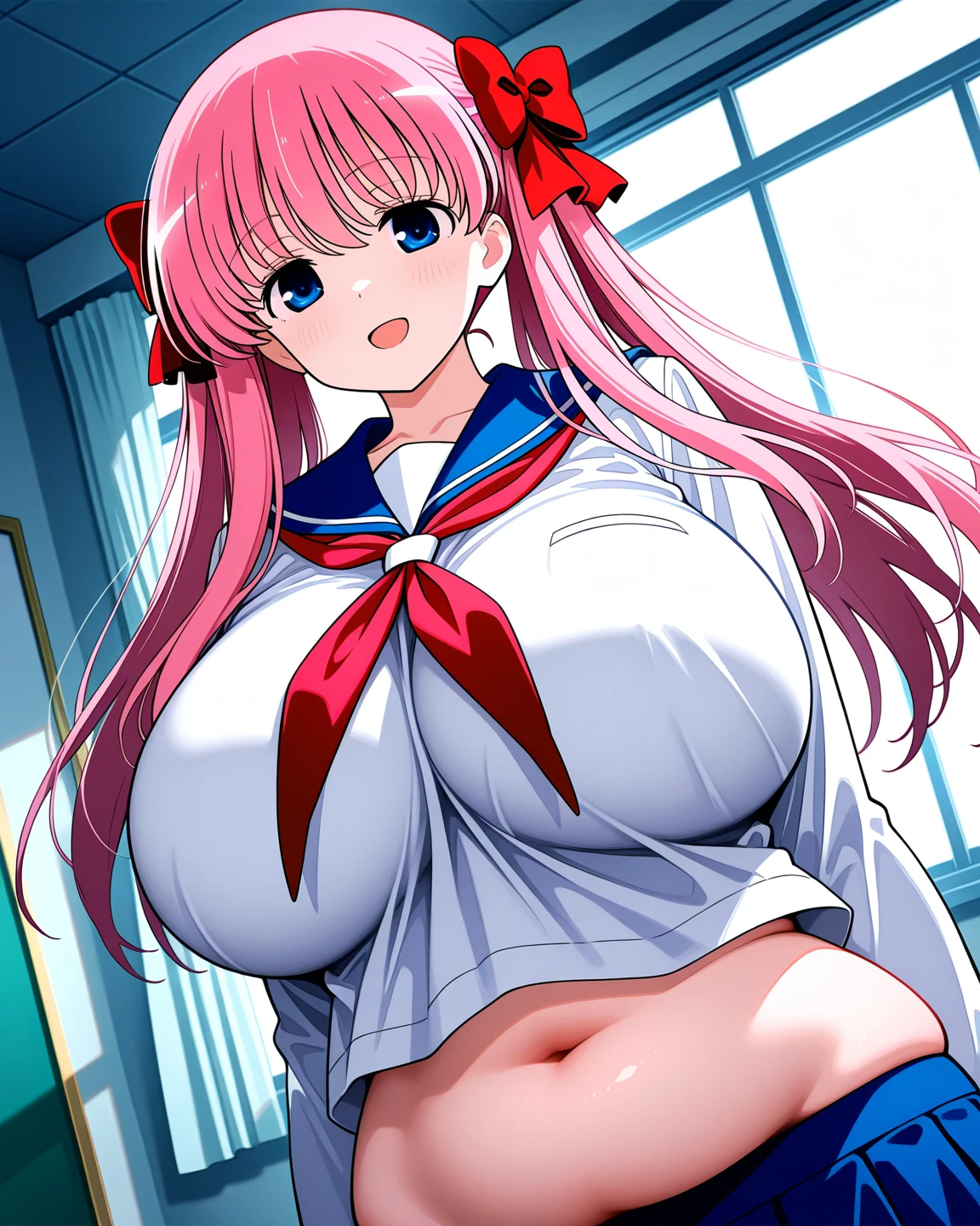 masterpiece,1girl,outdoor,pink hair,Super Strong Super Huge gigantic breasts,red eyes,serafuku,(skirt lift:1.4),panty peek,grin,looking at viewer