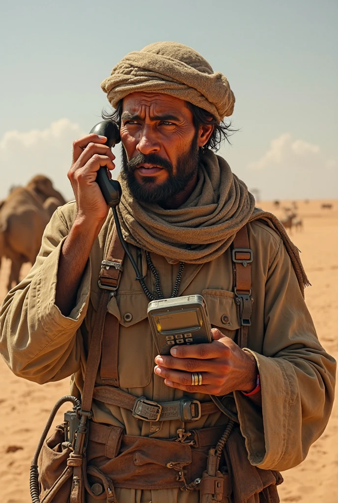 Middle Eastern military man speaking on a walkie talkie, is in the desert at the sunset, covers his head and face completely with a keffiyeh, is speaking on a walkie talkie, is wearing a beige Soviet style uniform with portable radio system, Ultra detailed, hyper realistic, 4k, Ultra detailed image, realistic, Highly detailed, perfect composition, Splendid, Intricately detailed, Incredibly detailed, 8K fine art photography, hyper detailed, Masterpiece, Ultra detailed, hyper realistic, 4k, Ultra image detailed, realistic, highly detailed, perfect composition, gorgeous, incredibly detailed, detailed, 8K fine art photography, hyper-detailed, masterpiece