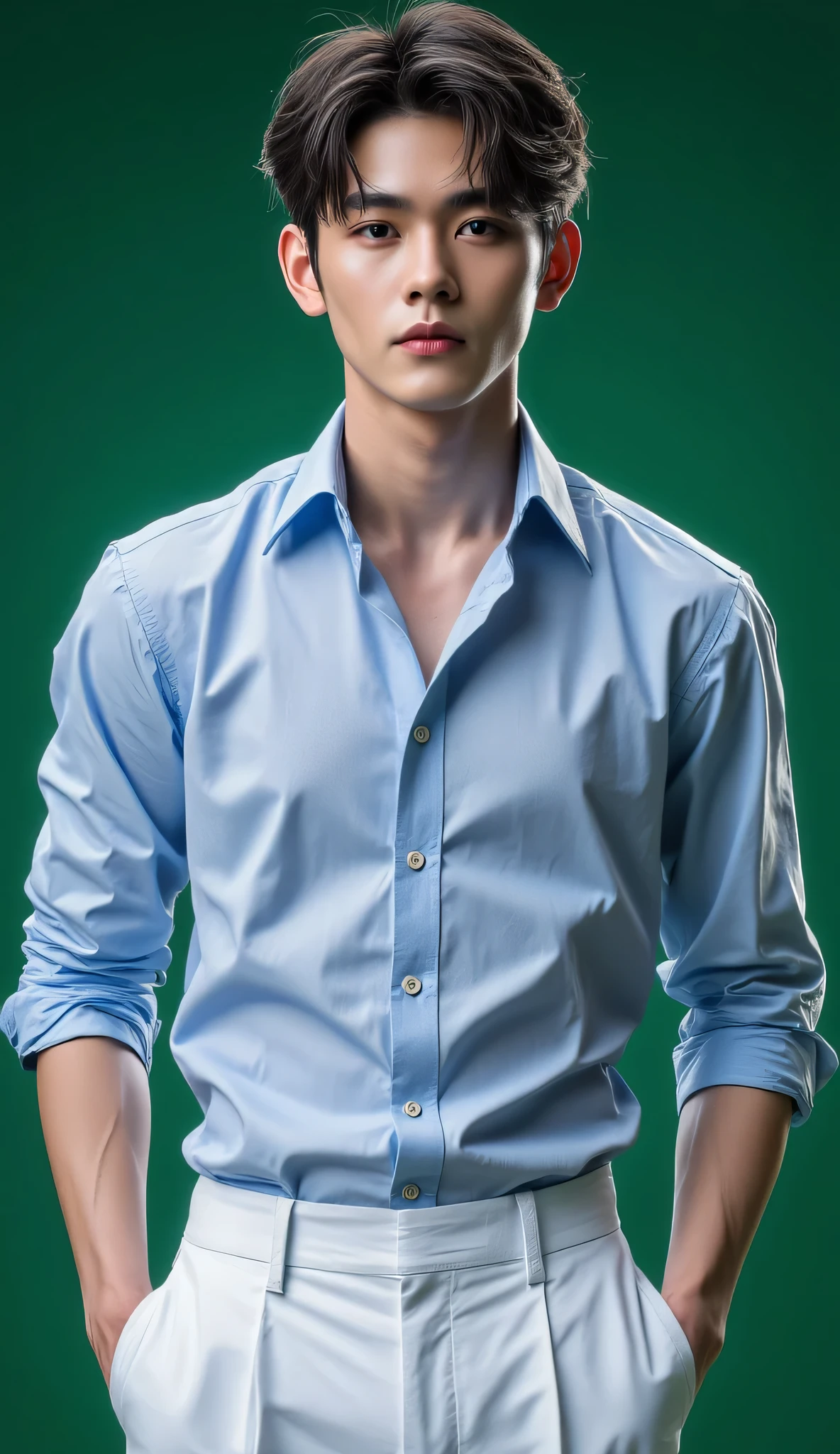 20 year old man, Wet face, Thai series stars, Little White, real Thai look, flirty eye, Gambler, super slim, Has the highest level of contrast , Charming face, Thai people's faces, หน้าคนclear,Arrogant Glitter, short hair, thug, Stand Cool, Cool Standing, Mad Mafia, ผมสีดำ, Stand sideways, messy classic hair-style, side hair style, ผมสีดำ, I'm up , Thai Student Hairstyle, Two Hands Tucked Into Trouser Pockets, Business Hairstyles, short hair, Masterpiece, panties, a man, confident posture, Detailed image, clear, Shiny, very handsome, Cold Tea Face Paint, Incerun Men's Simulation Shirt Deep V Pure Color, Light Blue Shirt, fold up sleeves , Buttoned Shirt , Open Top, White Formal Pants, Dark Brown Formal Shoes, แต่งตัวสไตล์thugประเทศไทยปี 1920, one man, reflect, green background, Camera zoom-out, Create character , images, Masterpiece ,front view ,8K resolution, whole image, รายละเอียดที่clear.