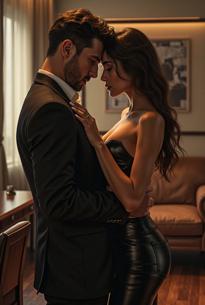 Create an image, OF A BEAUTIFUL WOMAN, sitting at a table looking at a man in front of her who is sitting on a sofa. The woman is wearing shorts., black long sleeve blouse., a pair of dark blue trousers, her hair is tied in a ponytail., Her grey eyes look at the man with lust and desire.. The young, BEARDLESS man is wearing a black button-down shirt with all the buttons undone.., some black pants, Her legs are slightly open. They are in a luxurious room