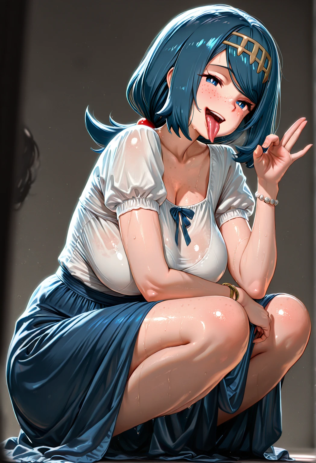 Mei mei jujutsu kaisen with the middle finger and ring finger on the tongue holding the breasts 