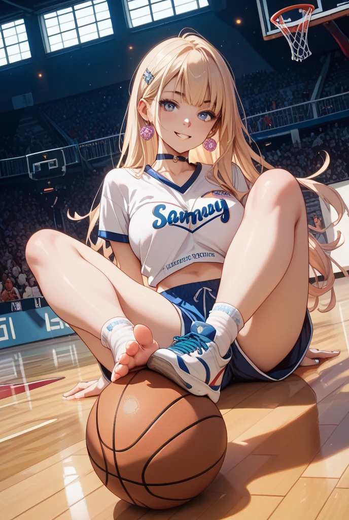 (masterpiece, best quality, detailed), 1girl, solo, looking at viewer, ninny, twintails, blonde,
basketball jersey, shorts, sweatband, headband, wristband, basketball, stairs, indoors, stairwell, window, arm on knee, cameltoe, head rest, knees together feet apart, panties, sitting, stairs, upskirt, parted lips