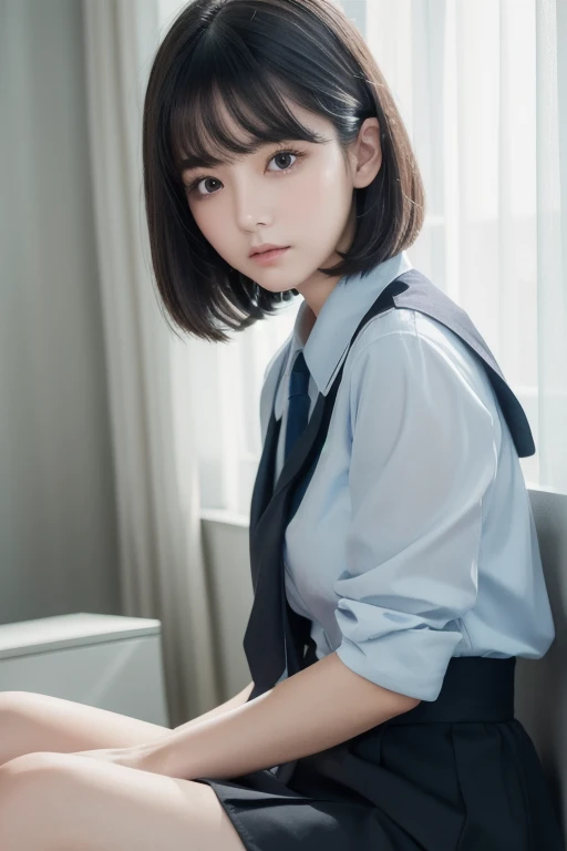 NSFW, (kawaii 24 year-old Japanese girl, Nogizaka idol, Korean idol), (glossy hair, very short hair, bangs:1.3), (beautiful black eyes, rounded face, single eyelid, no makeup:1.4), (embarrassed, noseblush, sex silly, orgasm, empty eyes:1.6), (cum to face, semen on the face, bukkake:1.8), (wearing suit jacket, collared shirt, necktie:1.3), (extra small breasts:0.9), BREAK, (simple blue background:1.3), (view from forward, bust shot:1.3), BREAK, (masterpiece, best quality, photo realistic, official art:1.4), (UHD, 8K quality wallpaper, high resolution, raw photo, golden ratio:1.3), (shiny skin), professional lighting, physically based rendering, award winning, (highly detailed skin, extremely detailed face and eyes), Carl Zeiss 85 mm F/1.4, depth of field, (1girl, solo:1.3),