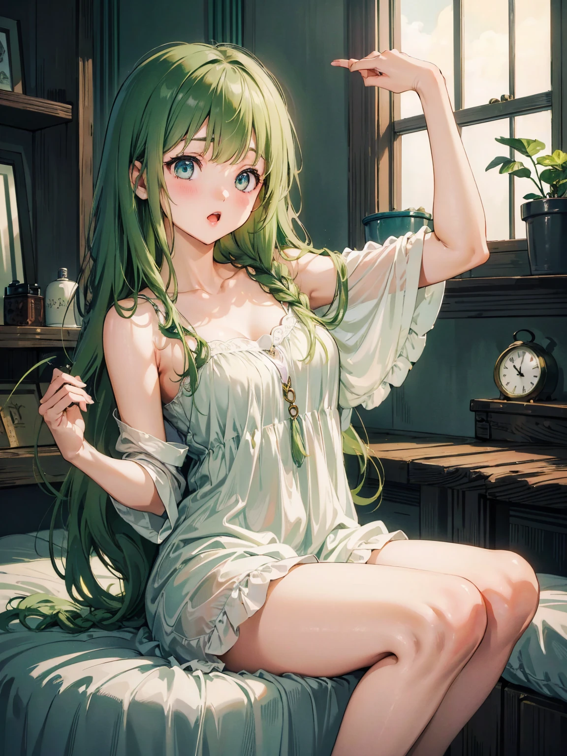 green hair, green eyes, five years old, girl, underwear