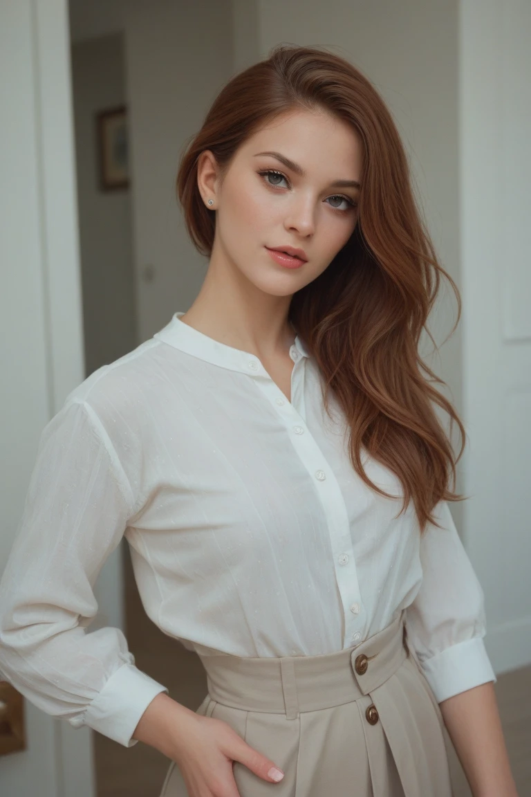 Fille rousse au yeux vert la vingtaine en jupe et chemise blanche ultra realiste 