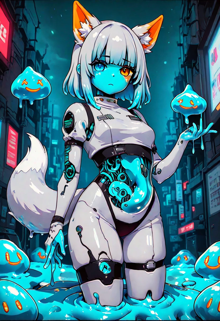 (masterpiece), (best quality), (high res) solo, (perfect anatomy) (perfect face, (Female slime), superheroine, (((full body super heroine black armor))), (slime girl), teenager, (((transparent))), (gooey), (blue slime skin), (((glowing white irises))), (blue short shoulder length slime hair), wide hips, thick thighs, narrow waist, huge breasts, (standing on the rooftop), (futuristic city), (night) ((transparent body)), smiling, ((slime)) ((blue slime body)), ((((cute artstyle)