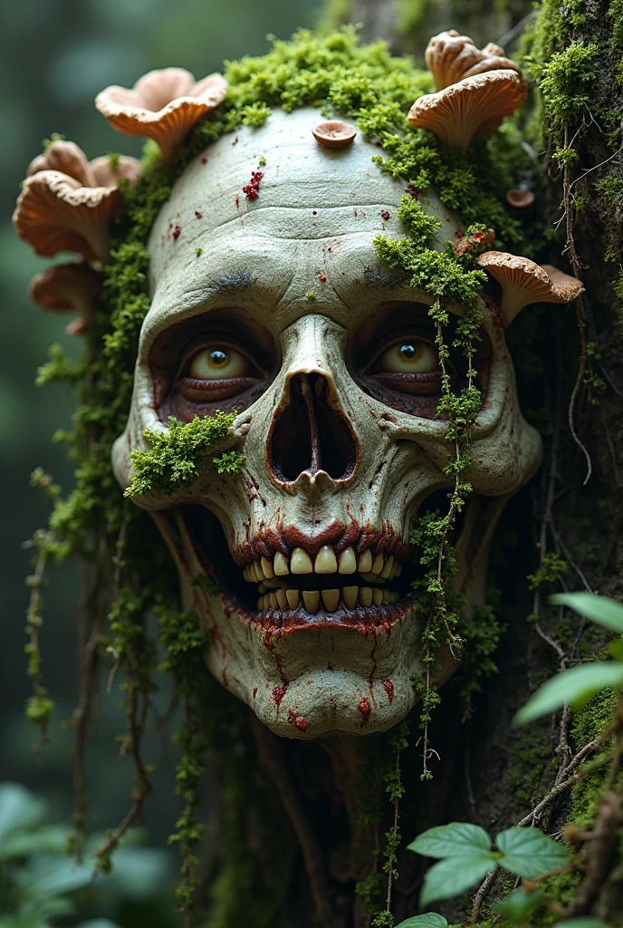 female zombie with thorny rose vines covering her, skin torn by rose thorns, struggling with arms raised to show underarms, extremely detailed decaying eyes, extremely detailed crumbling lips, extremely detailed skeletal face, bloodless grassy skin, sunken eye sockets, large breasts, large hips, dark and gritty, horror, gothic