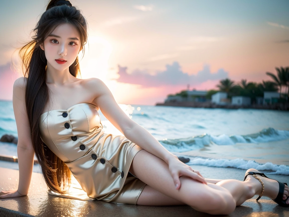 ulzzang-6500-v1.1, (RAW photo: 1.2), (Real photo), (Real photo: 1.4), 1 girl、Perfect anatomy、1、Looking at the camera、Medium length hair、white dress, white skirt, Dancing by the campfire on the beach at night, with stars, ((by the beach at night: 1.1))、(Business service)、Asian eyes Ella,