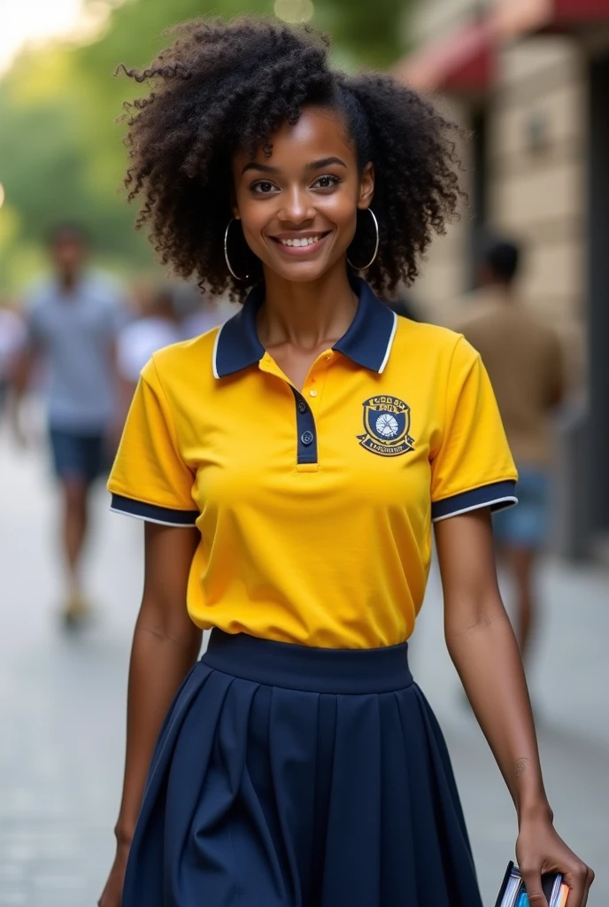Totally navy blue polo shirt, with white striped collar and cuffs, on a woman with brown curly hair, greeneyes, and a big mouth