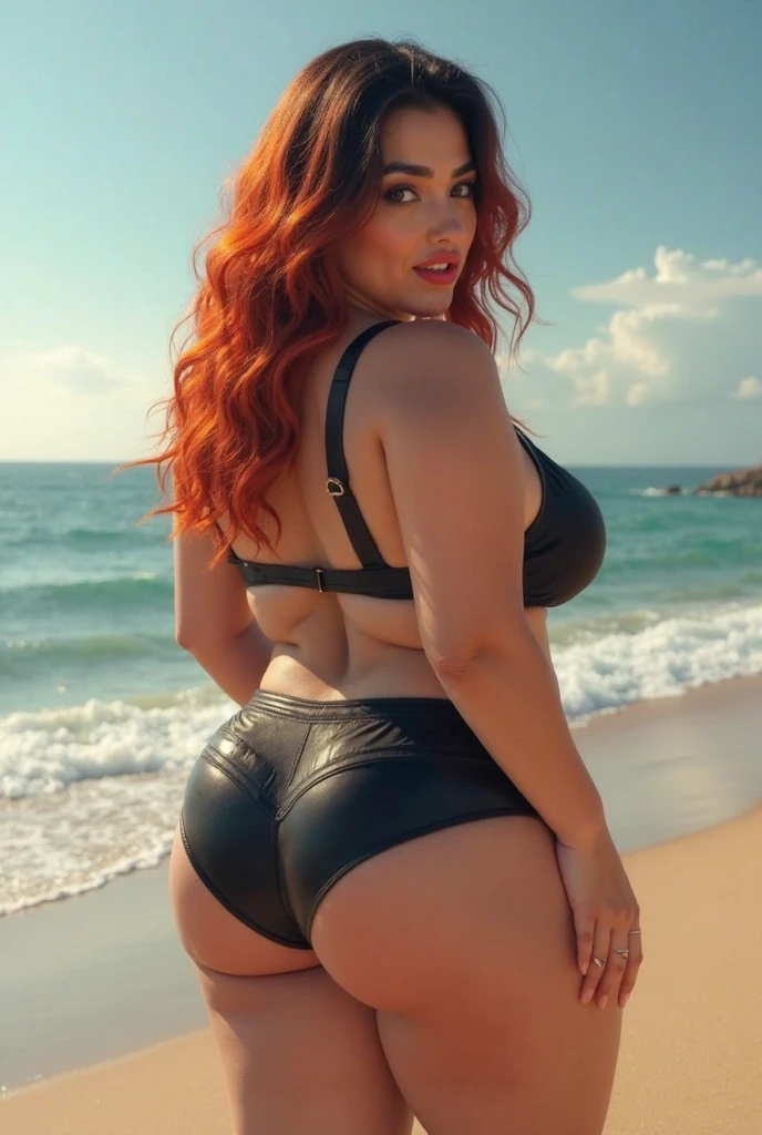 (best quality,8k,highres,Meisterwerk:1.2),Ultra-detailliert,realistisch,Physikalisch basiertes Rendering,Bunt, Strand mit blick aufs meer,  Malediven, Weitschuss, von hinten, eine person, weiblich, 33 Jahre, 195 cm large, large, Stark, stehend, rundlich, Kurvig, Oversize, Overweight, dicke lippen, dicker rothaariger zopf, Sanduhr-figur, Huge breasts, sehr largee Brüste, massive wide hips, Schlanke Taille, Wespentaille, largeer Hintern wie ein Pferd, bubblebutt, starke oberschenkel, massiver Oberschenkel, Camouflage-Muster bikini,  hohe lederstiefel, largee peitsche, fordernd, smiling,  streng, nuttig