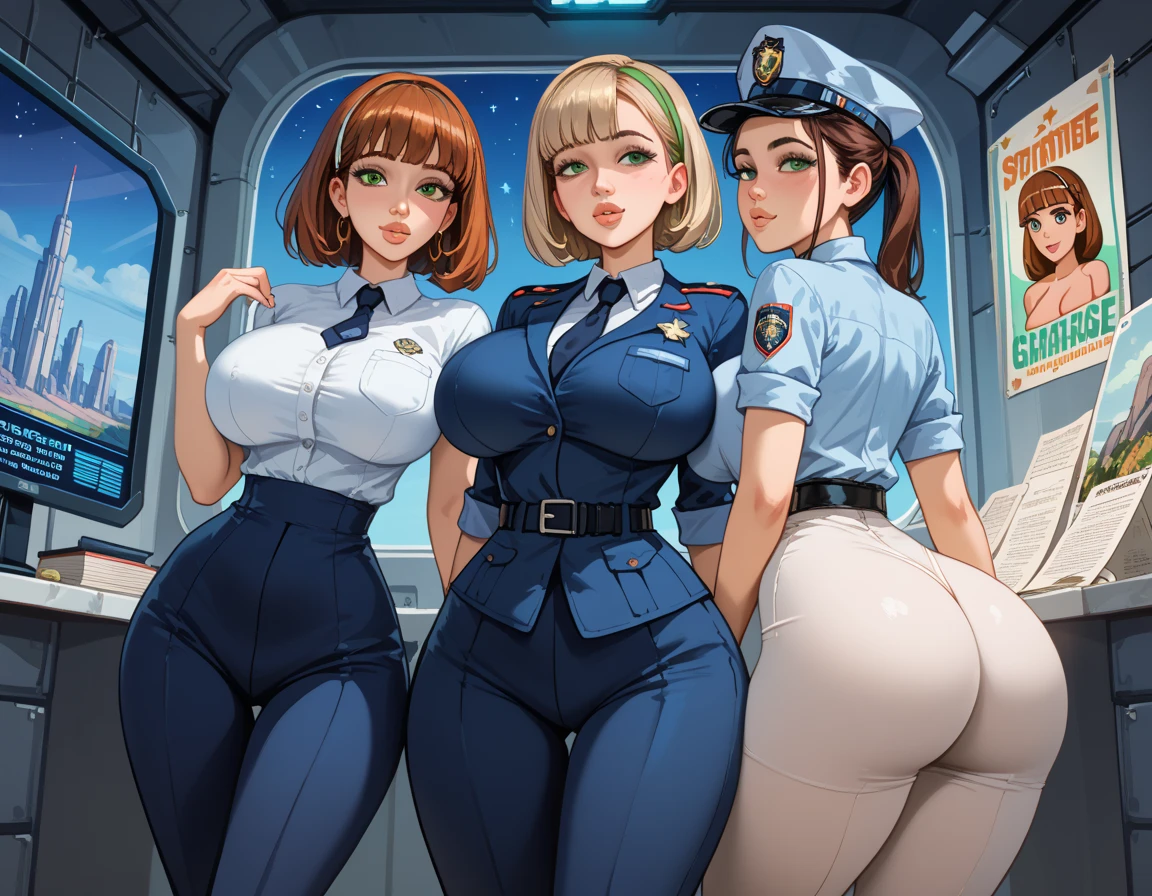 bimbo 18 years old,spaceship, star wars universe, a girl officer of the imperial fleet stands on the bridge of her spaceship, surrounded by her 5 officers, hourglass body, Slim waist, flat waist, big breasts, big Blue eyes, the girl experienced a strong orgasm, lustful facial expression, Passionate Face, detailed narrow face, narrow cheekbones, huge plump lips, sunken cheeks,Dimples, small nose, neat noseblonde hair, long curly hair, wide hips, long legs, short slim shape, sexy officer uniform, lustfully arched her back showing everyone her charms, The atmosphere of the Middle Ages