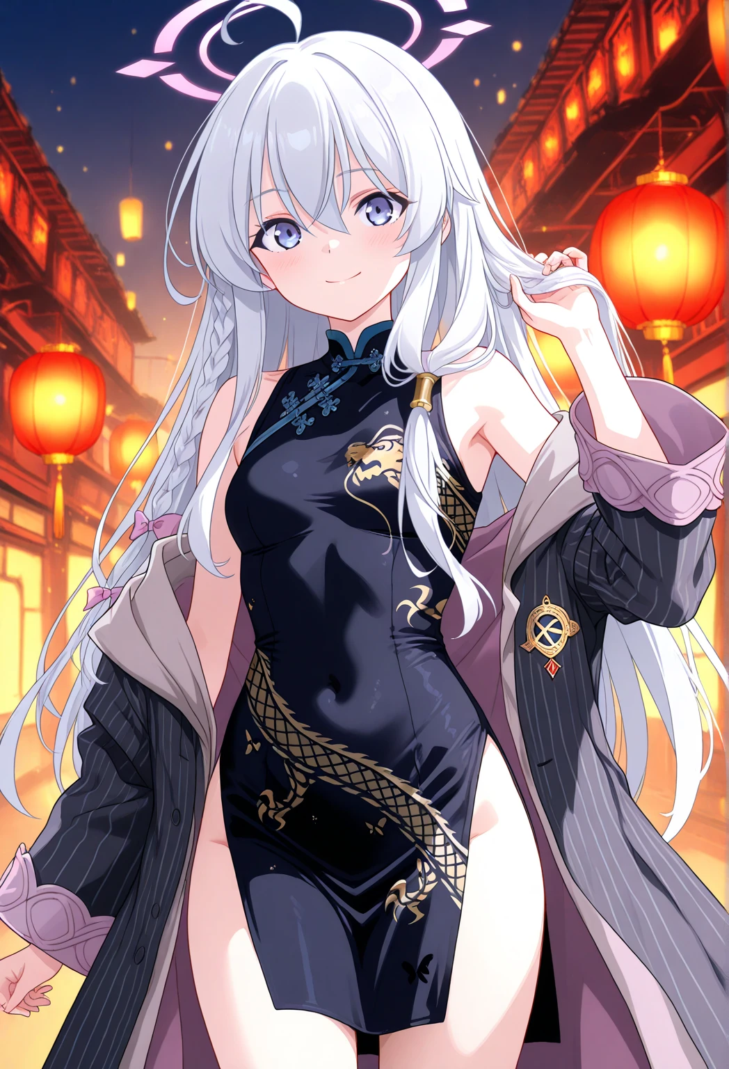 woman1limit, /(A vibrant blue Chinese dress with delicate embroidery/), 成熟したwoman, /(black髪ロング/) bangs, gentle smile, (Masterpiece of the highest quality:1.2) Delicate illustrations super detailed, night,,eye color/black,Chinatown, (Explore the city),detailed background,Top Quality All Limbs