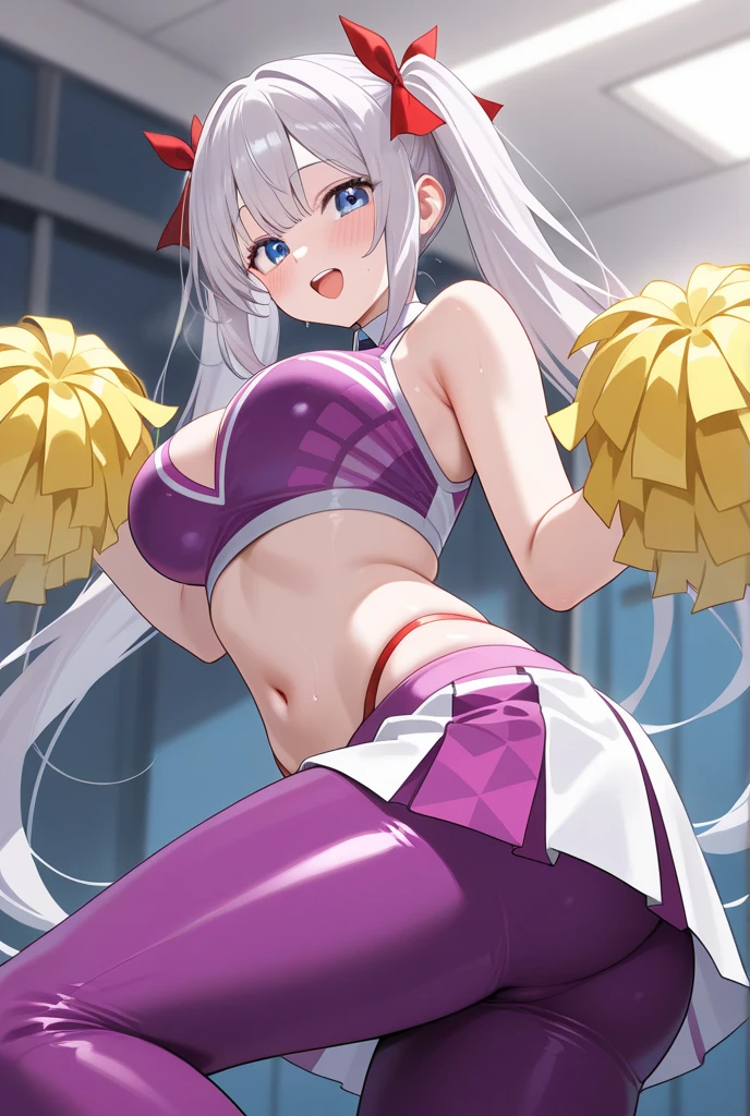 Alone,girl,gray hair,big breasts,Ahegao,twin tails,thin legs,earrings,choker,looking at the viewer,Cheerleader,Thighhighs,high heels
