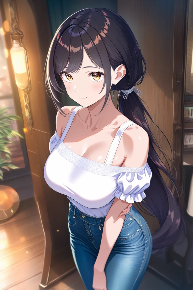 ((Tabletop, Highest quality, High resolution, , Pixel Perfect, 4K,))), 1 female, 、The whole body is visible、 ((Long Wavy Hair, bangs, Brown Hair)), ((Brown eyes, Beautiful eyelashes, Realistic eyes)), ((Detailed face, Blushing:1.2)), ((Smooth texture:0.75, Realistic texture:0.65, Realistic:1.1, Anime CG Style)), Medium sized breasts, Dynamic Angle, Perfect body, (( , , White camisole、No bra、、 Tight denim skirt、、White panties are visible、、)), Gold Hair Ornament、Cross Necklace、、Very embarrassing panic smile, 、、、、、Leaning forward、Nipples are slightly visible、、、Place both hands on the table、Stick your butt out、Luxury apartment kitchen、、、、、、 、)、