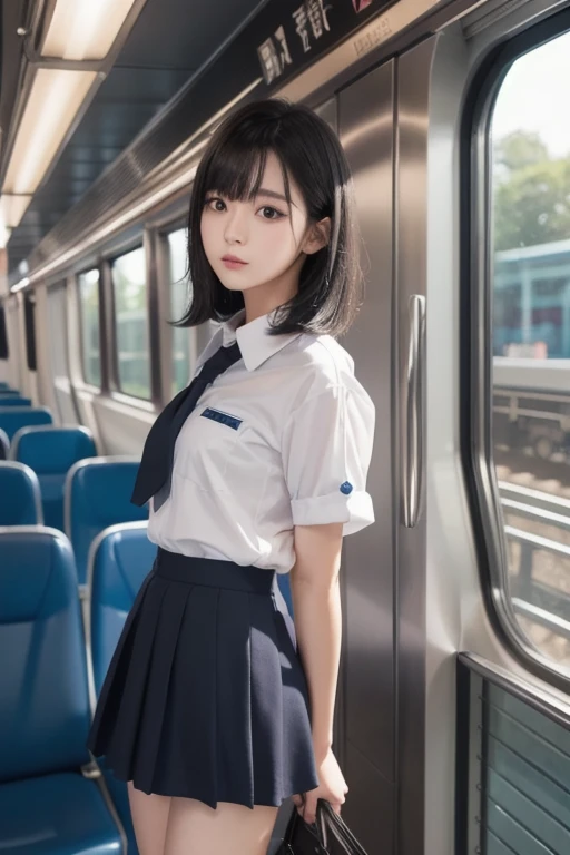 (masterpiece、super detailed、8K、highest quality:1.5)、((wonderful))、1 woman、short hair with bangs、（white panties）、high school girl、18-year-old、((right in front of))、uniform、wearing a white shirt、((Navy checked miniskirt))、in the train、blue sky、sit in a chair、Kneeling　Smiling a little　Moles around the eyes


