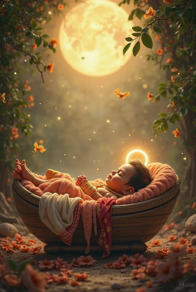 3d cinematic"An artistic depiction of Lord Krishna's birth, showing the divine scene with baby Krishna lying in a humble crib, surrounded by a serene atmosphere. The scene should include a backdrop of the prison cell where Krishna was born, with a mystical light illuminating the  Krishna, emphasizing his divine and celestial nature"