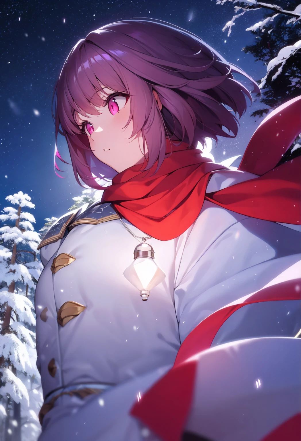 anime girl, pink eyes, medium-length magenta hair, proud, red scarf, white winter coat, snowy background, starry night sky, glowing lamplights, cinematic lighting, aesthetic angle, soft lighting, depth of field, snowflakes, pine trees, anime style, masterpiece, ultra-detailed, Kyoto Animation