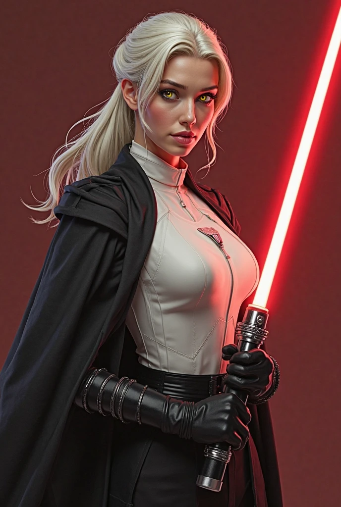 A furry female rabbit with white fur, yellow eyes, braid hair, wearing an assassin attire, holding dual lightsaber, glaring at viewer, star wars visions