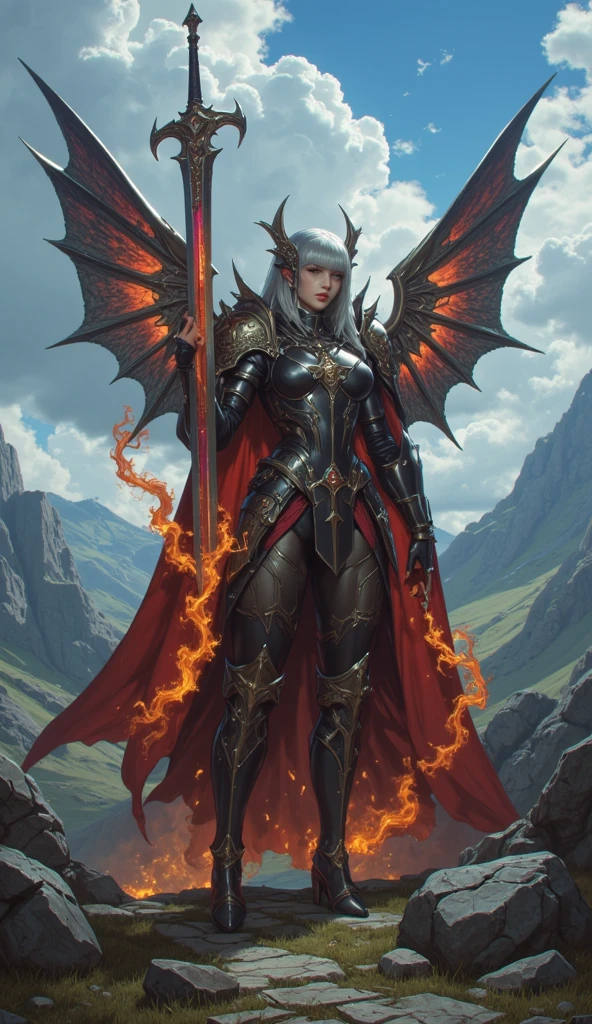 myth, Dragon Slayer: 26 year old woman with sword、purple bobbed hair、clear eyes、glowing red eyes、 She wears red bikini armor with gold decorations.,Wearing a white animal fur cloak、hanging between the crotches、giant dragon、 very detailed, 8K, Full HD like the real thing, highest quality, cinematic lighting, volume lighting