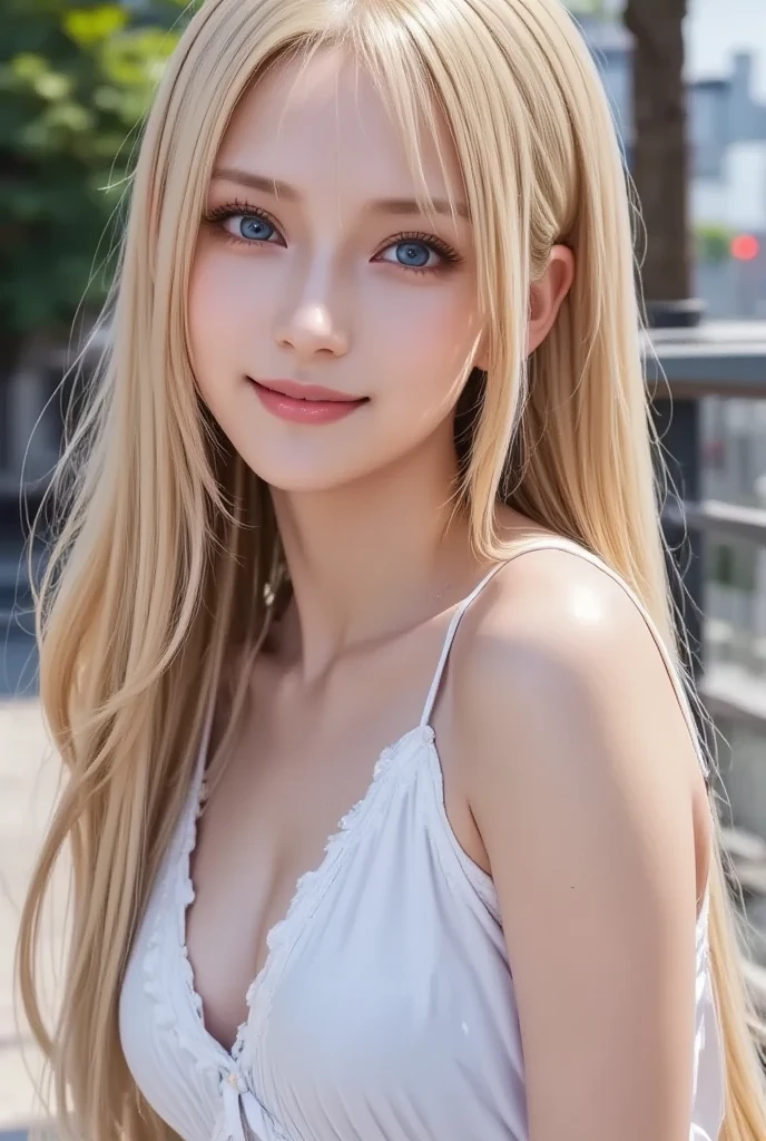 ( Masterpiece, highest quality), 98k, ((Perfect Anatomy:1.3)),Beautiful Japanese Women, Succubus,alone, 18-year-old, Small face,Cute face:1.2,Smiling, Larger breasts, ,Beautifully detailed round eyes, Evenly spaced eyes 1.2, Long platinum blonde hair,Random Hair, (Highly detailed face and skin texture), Beautiful face in golden proportions,White skin,Accentuate your beautiful legs,Cheerleader in white mini dress style,Random sexy poses, Sunny day,(Standing like a model:1.3)