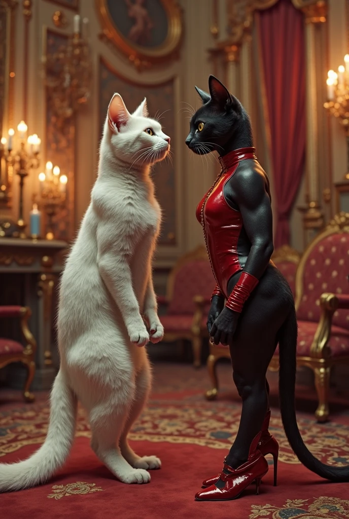 Dramatic Rescue Scene with Beautiful White Cat:the black Villain Cat in Dark Devil Dress with Magic Cap . White Cat in High Heels and red One-Piece Dress: dressed in her glamorous one-piece dress and high heels,
Description: The handsome white bodybuilder cat wearing a red tshirt and white pant is heroically rescuing the beautiful white cat from the clutches of the black Villain Cat in Dark Devil Dress with Magic Cap . White Cat in High Heels and One-Piece Dress: dressed in her glamorous one-piece dress and high heels, is shown being freed from the villain's grasp. The scene is filled with tension and drama, with dramatic lighting highlighting the rescue.