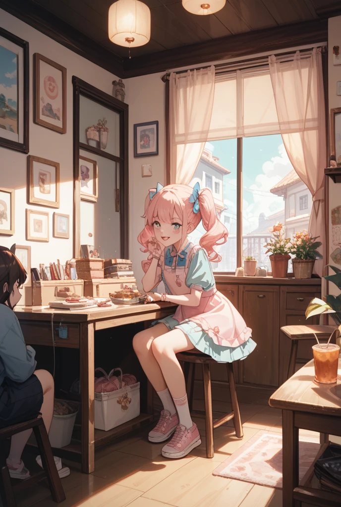 high quality, girl, long hair, twin tails, smiling, blush, high socks, legs, book, coffee, cat, aesthetic lighting, good lighting, realistic lighting, good composition, ultra detailed, detailed eyes
