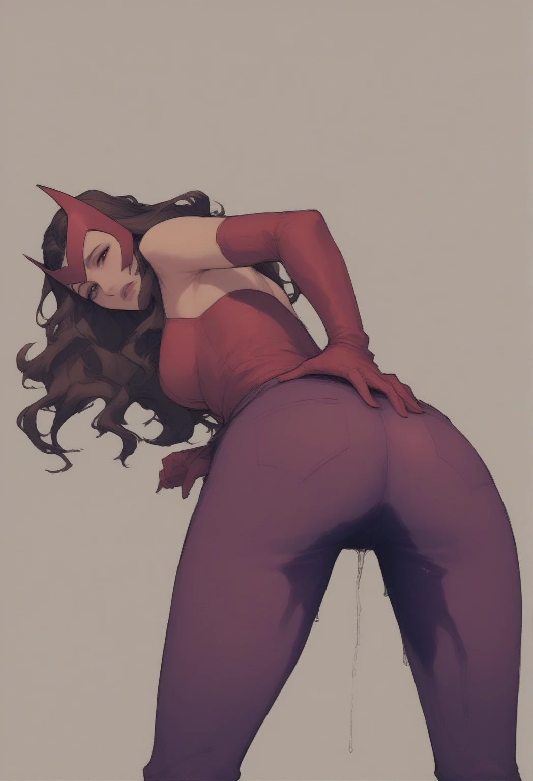 Scarlet Witch masturbating with one hand with her legs up showing her ass, ripped black pants showing her vagina