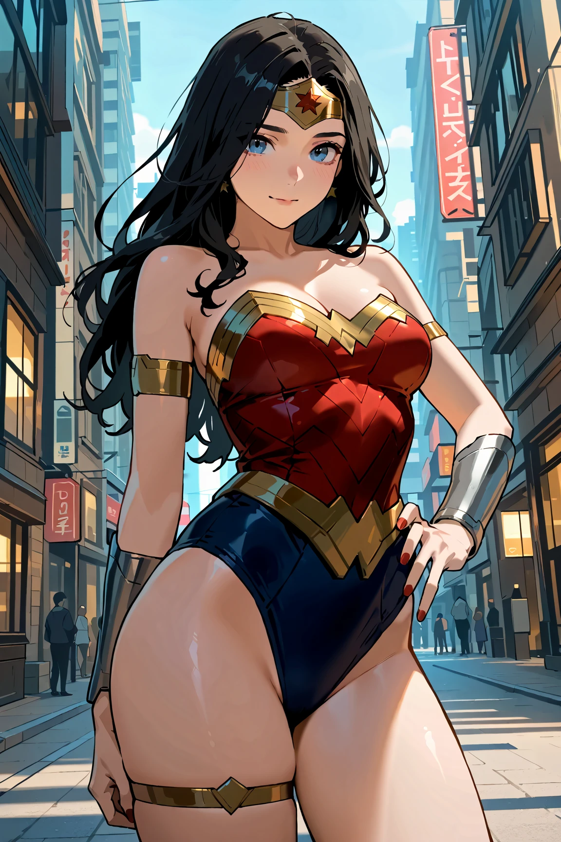 best quality, masterpiece, highres, 1girl, boots, breasts, bracelets, full body with costume, leotard, bare legs, medium breasts, perfect hands, complete fingers, perfect anatomy, perfect proportions, solo, solo focus, superhero girl, beautiful detailed eyes, beautiful detailed face, diffraction spikes, heroic, standing straight, hands on hip, city backdrop