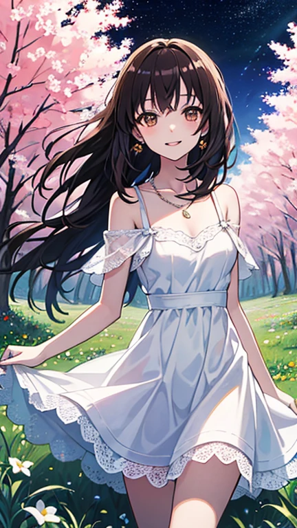 Nsfw、No clothes、nude、(girl:1.5),race,ribbon,(masterpiece, side light, Beautiful detailed gray eyes: 1.2), Medium chest, realistic, shining eyes,shiny hair,black hair,long long hair, Glossy skin, alone, embarrassing,exquisite,beautifully,garden,flowers,flying petals, barefoot, Cherry Blossom, cinematic light, cinematic composition, rich expression、smile