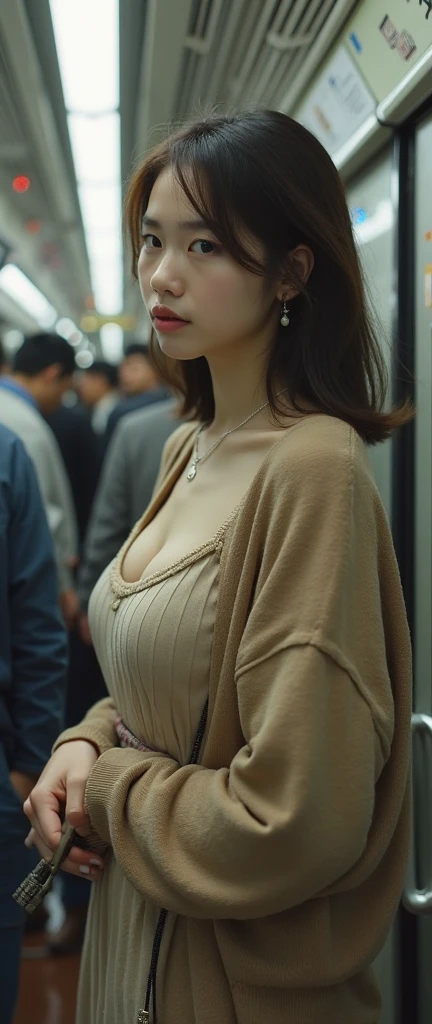 8K, Raw-Photo, (Very detailed skin: 1.2), (top-down view: 1.5), ((Cute girl in off-the-shoulder shirt on a crowded train)), a photo of, masterpiece, Top Quality, Dark gray background, 1girl blue eyes and gorgeous light blonde hair, Beautiful Caucasian woman with big ass, Full breasts and fair skin, varied pose, ((large full breasts :1.4)), (((very soft breasts)), highly detailed face, Detailed Eyes, in a crowded train station, ((No closeup)), ((s whole body))