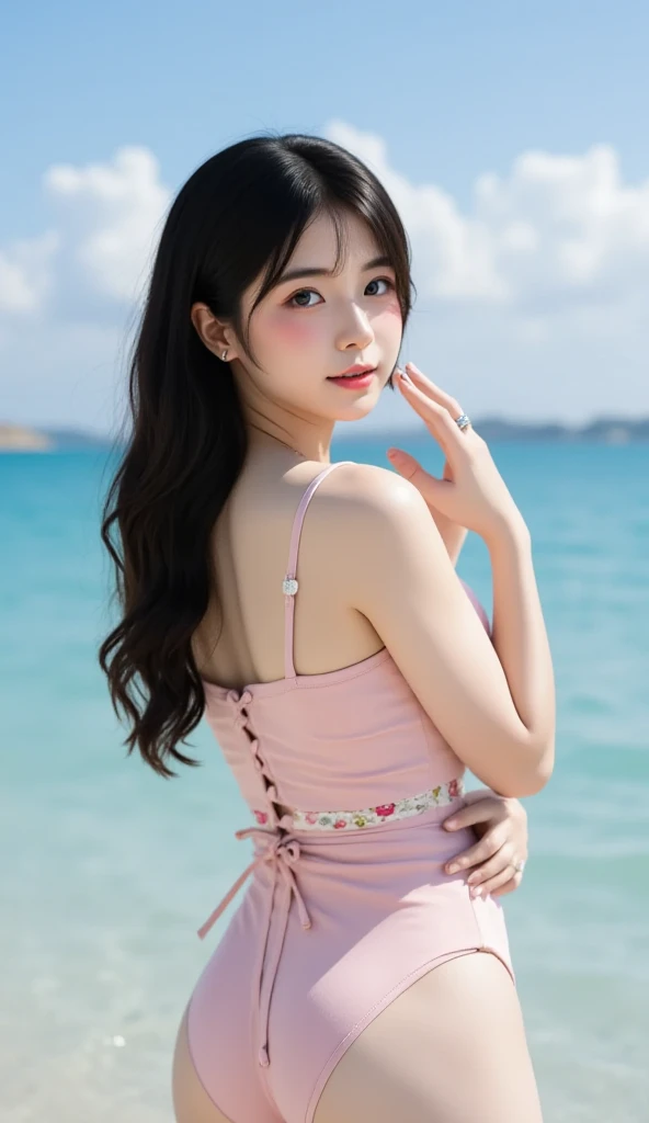 (((best quality))), (((ultra detailed))), (((masterpiece))), illustration,((1 beautiful young girl,solo)),((slim,thin)),(vibrant pink floral swimsuit:1.3),((small breasts,flat chest)),(short ponytail:1.2),((shiny skin,sweat,wet)),slender legs,seaside, summer, joyful, playful, physical features, smooth fair skin, gentle sea breeze, endless azure sky, picturesque backdrop, whiteness of sand, deep blues of the sea, waves crashing, internal turmoil, transformation,on the cusp of womanhood, confidence, sexuality, metaphorical plunge, next chapter of life,significance of the moment, beauty of the seaside, celebration of youth, excitement of summer ahead,(sitting:1.3),((from front,full body,arms behind back))