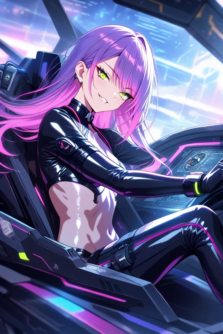 A young sexy woman with long purple hair and sexy clothes sits in a spaceship seat、A beautiful starry sky can be seen from the window.。smile,leather jacket,Future Fashion,Angel Girl,Pink Hair,Horny girl,High-dimensional beautiful girl,Multidimensional beautiful girl,colorful hair colors