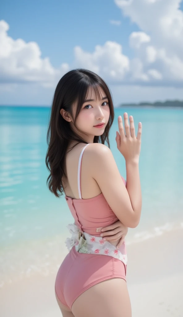 photograph, f/1.8,hyper realistic,cannon,A Cute but captivating appearance Japanese woman with clear skin full body, beach side ,summer,smile,the gesture of tying one's hair together, Peach John-like design , size is about G95