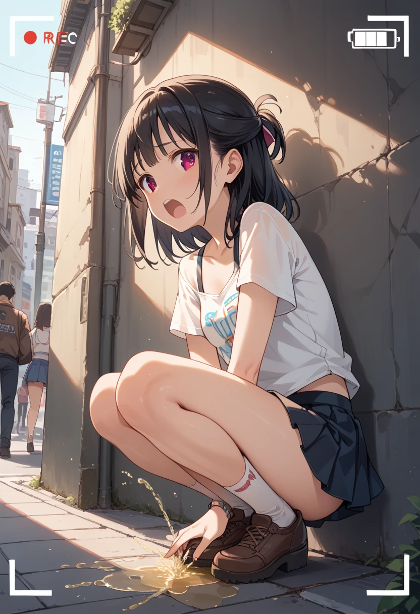 very cute and beautiful girl,(Very detailed美しい顔), (smile),blush,Black Hair,Seraphim,(White Shirt、Pleated navy blue pread your legs、Squat)、Sitting、(From below)、(Lacy white panties), Country road、Distant Tree々and the city, (Highest quality,masterpiece:1.0),Absurd,High resolution,Super detailed,Very detailed,32K,8k resolution, Intricate details,Movie Scenes,Detailed Background,alone,Dynamic Angle,