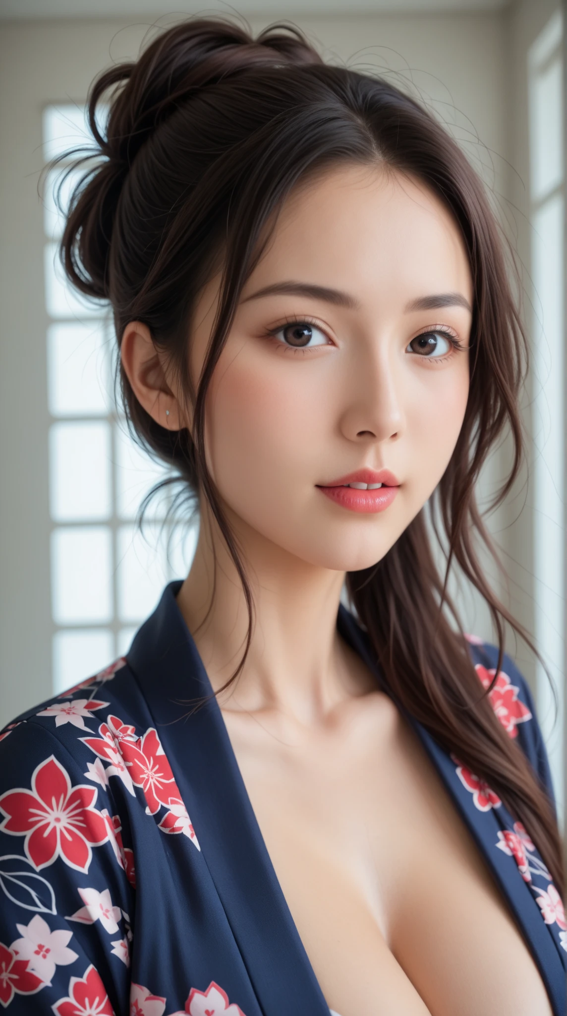 (1young girl), Extremely cute face, Amazing face and eyes, (Highly detailed eyes, Highly detailed face), fresh, Very clean appearance, (Hyper-realistic, hight resolution), (Best Quality:1.4), Raw photo, (Realistic, Photorealsitic:1.37), Professional Photography, (floral pattern yukata:1.5), (Open yukata), (cleavage:1.2), (Bare shoulders), Smile slightly, (Staring at me), Bedroom, girl portrait,