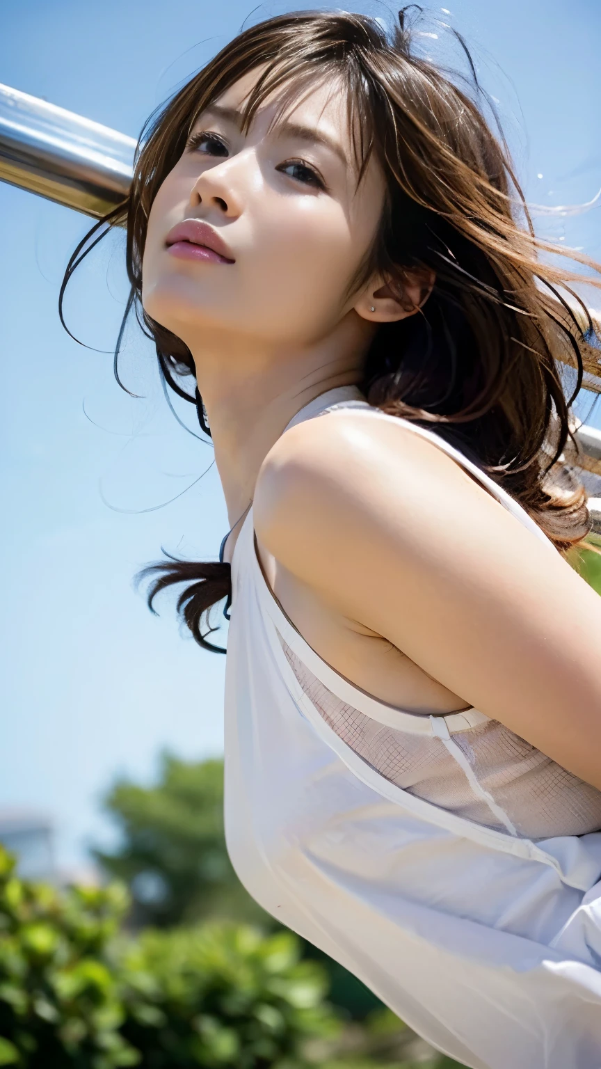 (((Low angle shooting、Looking into the camera:1.22,A strong wind is blowing from the front of the body、Full body angle、White Camisole Dress、Clothes are loose)))、(((In 8K、Highest quality、masterpiece、Ultra-high resolution)))、(Realistic:1.4)、RAW Photos、(Real skin texture:1.3)、(Film Grain:1.3)、((Are standing、Skirt flutters in strong winds、Under the skirt、No underwear、Do not bend your legs、Don&#39;Don&#39;don&#39;t bend your knees、Spread your thighs、Beachside、))、One Girl、Beautiful and detailed eyes and face、masterpiece、Highest quality、close、thin、Japanese Uniform、dynamic、barefoot、Mr..々Pause、