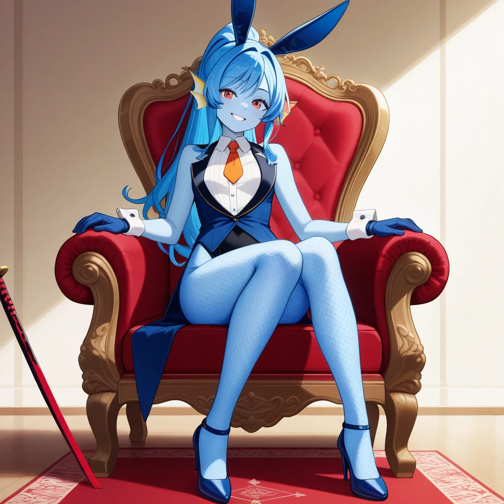 Solo, score_9, score_8_up, score_7_up, source_furry, Kat, Anthro furry pony girl, mlp, my_little_pony, tall body, hourglass figure, adult female, blue eyes, silver fur, blonde hair with pony tail, (striped tail), pink nose, wearing elastic underwear, translucent lingerie, feet hooves, foot focus, ((hooves in sexy stockings)), she is smiling, mouth open, looking relieved, sitting on a armchair, indoors, at hall