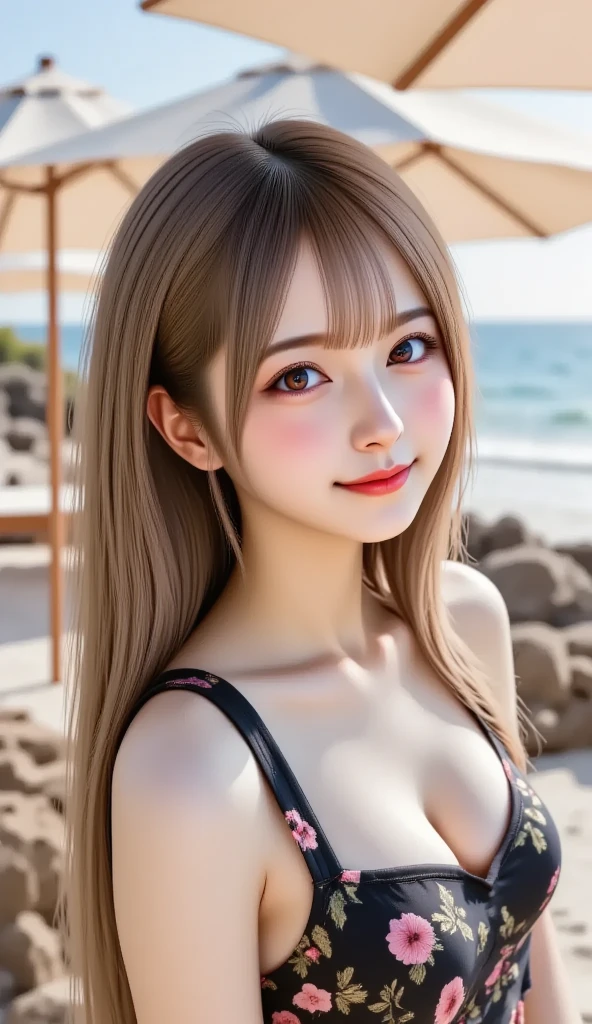 see -through、a beauty girl、japanes、20yr old、Live action、Smiled、Brown-beige hair、Black eyes、Small bust、sea side、Swimwear in light colors