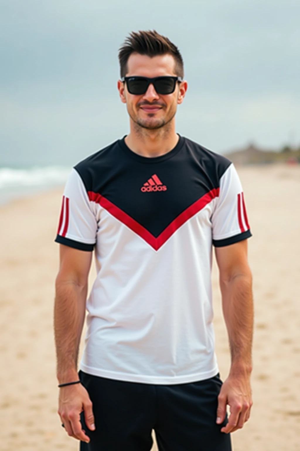 Tony Labrusca, A handsome, muscular young Asian man looks at the camera. In a simple t-shirt white and red , Fieldside, grass, beach, sunlight, Carrying a camera