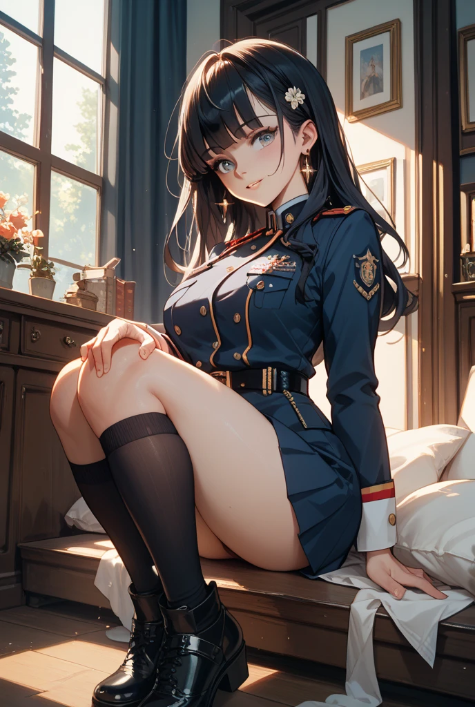 ((Highest quality)),(超High resolution),(Very detailed),(Detailed Description),((The best CG)),(masterpiece),Ultra-detailed art、(Highest quality、8k、32K、masterpiece)、(Realistic)、(Realistic:1.2)、(High resolution)、Very detailed、Very beautiful face and eyes、1 female、Tight waist、Delicate body、(Highest quality、Attention to detail、Rich skin detail)、(Highest quality、8k、Oil paints:1.2)、Very detailed、(Realistic、Realistic:1.37)、Bright colors、Beautiful Japanese Woman、Detailed face、Smooth Skin、Big Breasts、((Short Bob:1.8、Light blue hair))、"High school girl in a futuristic uniform。Wearing a monochrome tight-fitting blazer、Metallic buttons and school crest on left chest。Below is the、He is wearing a clean white shirt with hidden buttons.、The collar and cuffs have thin lines。The skirt is a knee-length A-line skirt.、Does it have the same simple stripes as the blazer?、You may be wearing tight-fitting straight pants of the same pattern.。Shoes must be black or dark grey sneakers、Includes silver accents。As an accessory、A tie or ribbon in school colors、We also have berets that can be used during extracurricular activities.。The material of the uniform is temperature regulating、Antifouling、Has antibacterial properties。"