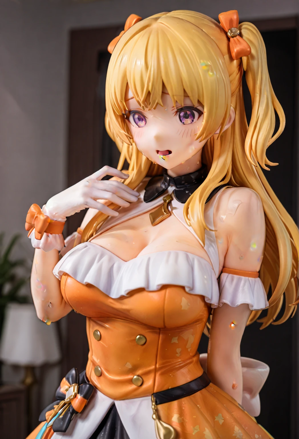 ((high detailed, best quality, 4k, masterpiece, hd:1.3)), ((best quality)), (((HD))), (((8k))), (ultraDH), (ultra HD), Snowy Forest background, snowflake pattern, Princess Daisy, blue eyes, BREAK blue eyes, seductive, attractive, smooth anime cg art, 36C breasts, long legs, vivid colors, detailed digital art, slim body, perfect skin, dark blonde hair, long hair, blonde hair, blonde hair, BREAK crown, cleavage, 36C cleavage, looking at viewer, BREAK looking at viewer, extremely detailed face, red santa suit, red santa claus suit, santa claus suit, earrings, gem, dark black makeup lips, dark gothic eyeshadows, dark eyeshadows, black eyeshadows, black sexy lips, black lips, (dark:1.2), dark lips, very dark lips, (perfect hands, perfect anatomy), black makeup, black medium lips, black thick lips, detailed fingers, five fingers per hand, 5 fingers, (1 girl), detailed lips, detailed black lips, black painted lips, gothic painted lips, BREAK night, night sky, (breast focus), (arms outstreched:1.2), (from above:1.1), (breasts out:1.3), (off shoulder:1.1), (white horns), (bra),