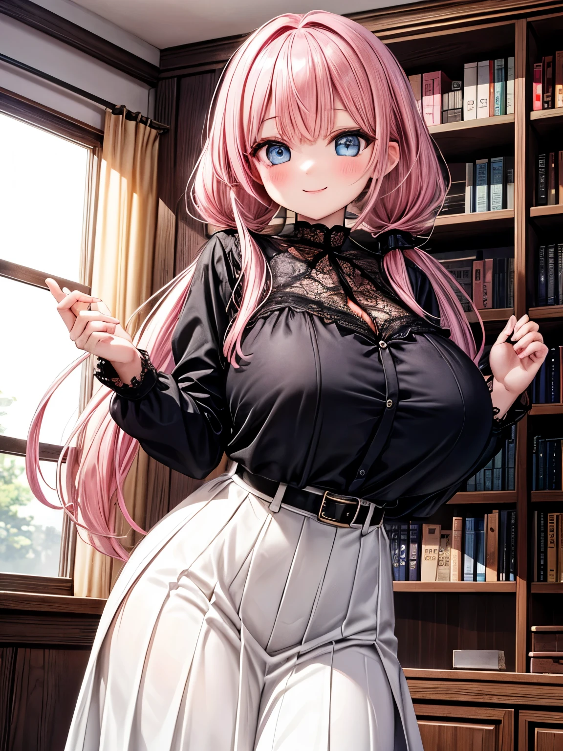 masterpiece, best quality, highres, hs1, light purple eyes, wide hips, thick thighs, long sleeve shirt, midriff, blonde hair, cleavage, long hair, half updo, blunt bangs, pink shirt, black thighhighs, micro skirt, legs apart, khaki skirt, hair clips, bow tie, cardigan (huge breasts), indoors, cowboy shot, from below, smile, looking at viewer, thick thighs, jirai kei, window, plant, necklaces, ear piercings, bracelets