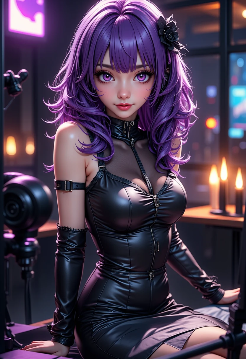 Cyborg 19yo completely nude, purple hair, steel body. Two hair buns, Long hair, amazing legs, touching her breasts, robot, cyberpunk, Shiny metal rope, Neon Lines Bra, Android Woman, pretty face, detailed eyes, looking to the side, Ultra detailed face, focus face,  detailed eyes, Photo, Cinematographer, focus, Whole body, Complete plan,  (Whole body: 1.5), standing
