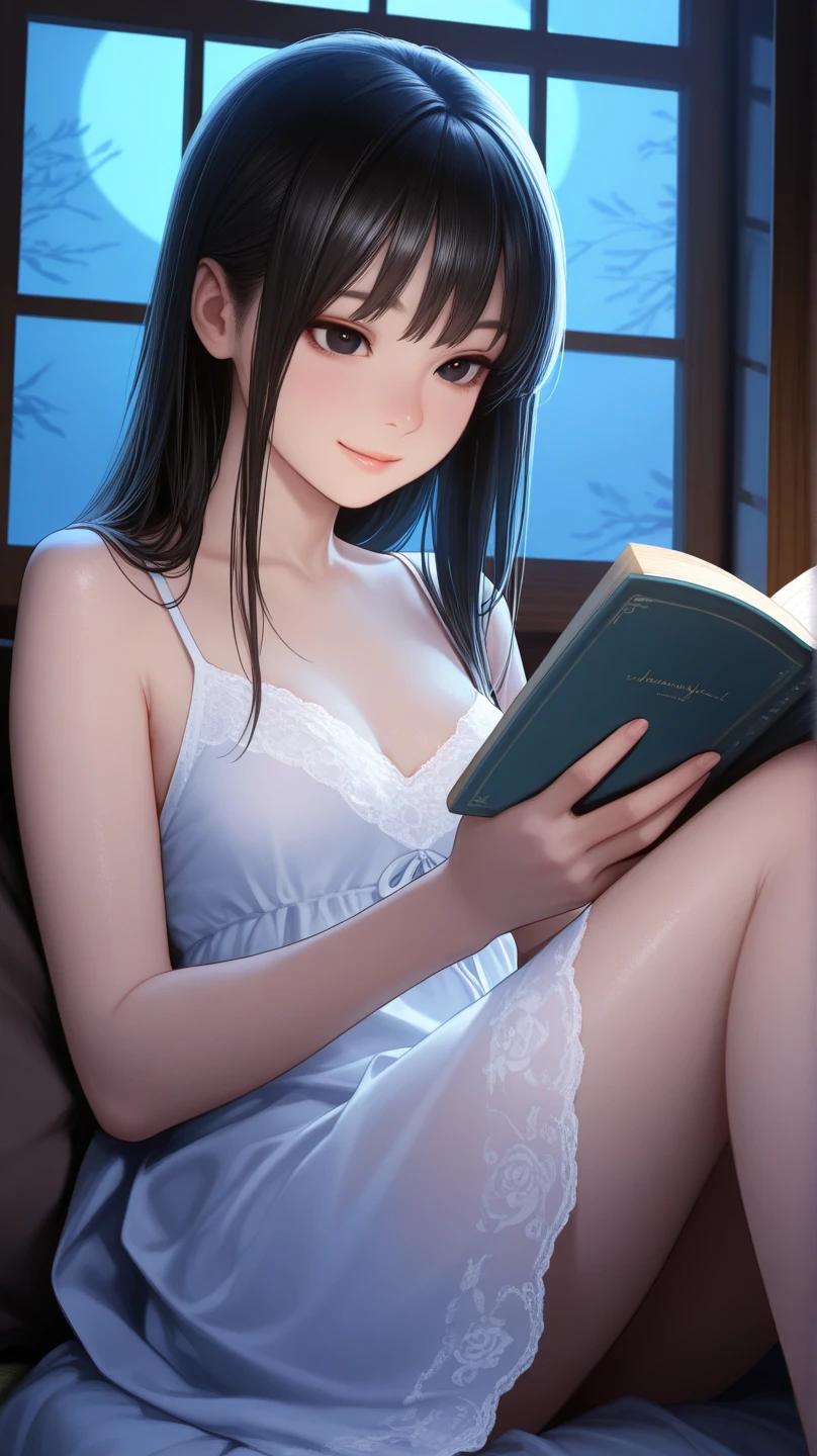 ((Biologically correct limb count))、(( Full-body photo including face))、4K、masterpiece、((Focus on the face))、((Symmetrical facial features))、Eye for detailed depiction、Beautiful woman、Excellent style、Beautiful clavicle、Beautiful feet、Beautiful Hands、Slender body、(Small Ass、Thin thighs,Big Breasts）、(High heels）、Detailed depiction of the face、Small earrings、necklace、(shirt、(mini skirt))、Glancing sideways、Great background、Low Angle,Reading a book,Sitting