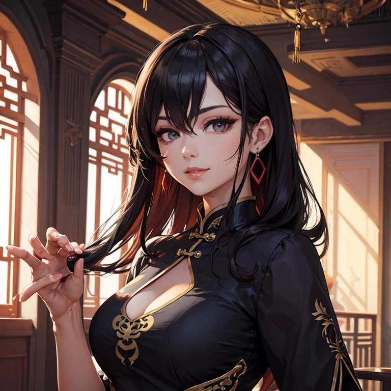 All-black cheongsam with long black hair and gold trim