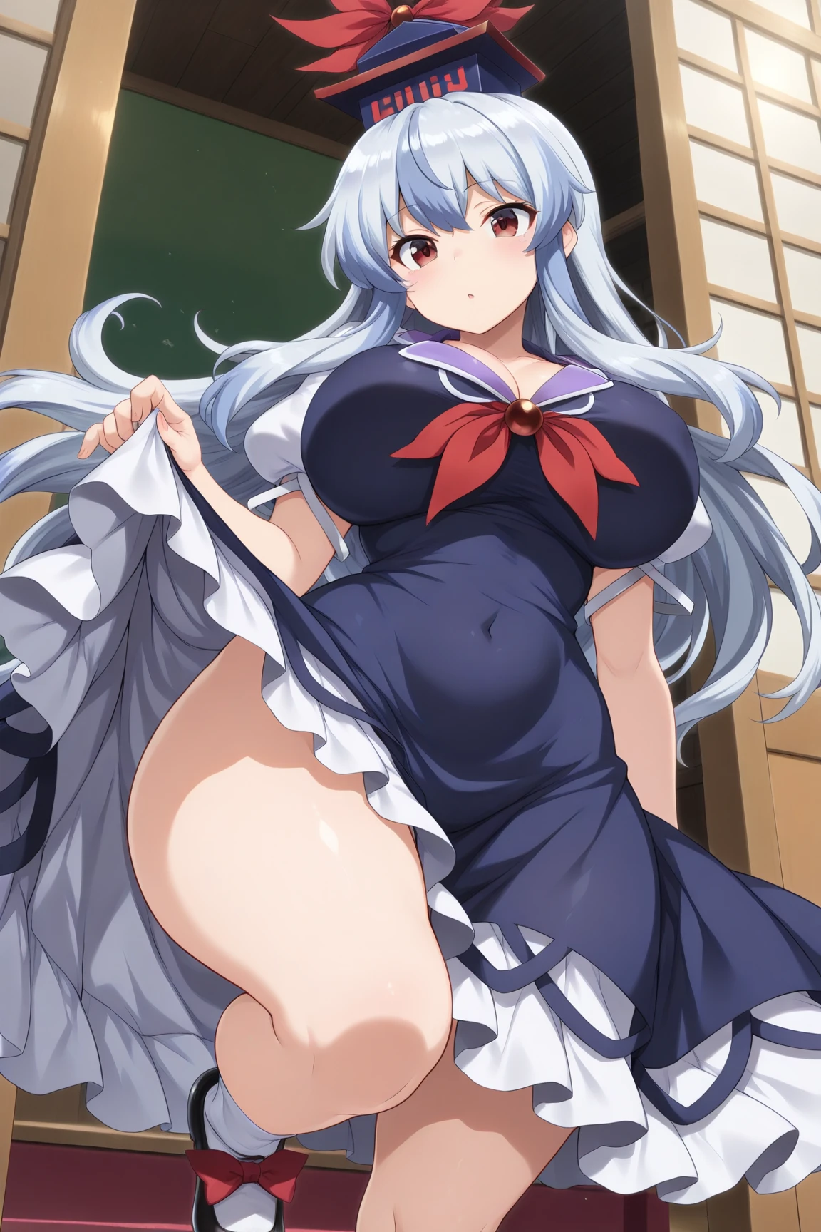 (Bra), ((Big tits)), ((masterpiece)),,((panties)),illustration,Froleytia, looking at viewer,expressionless,light blush,window,blue sky,snowing,holding, fullbody,