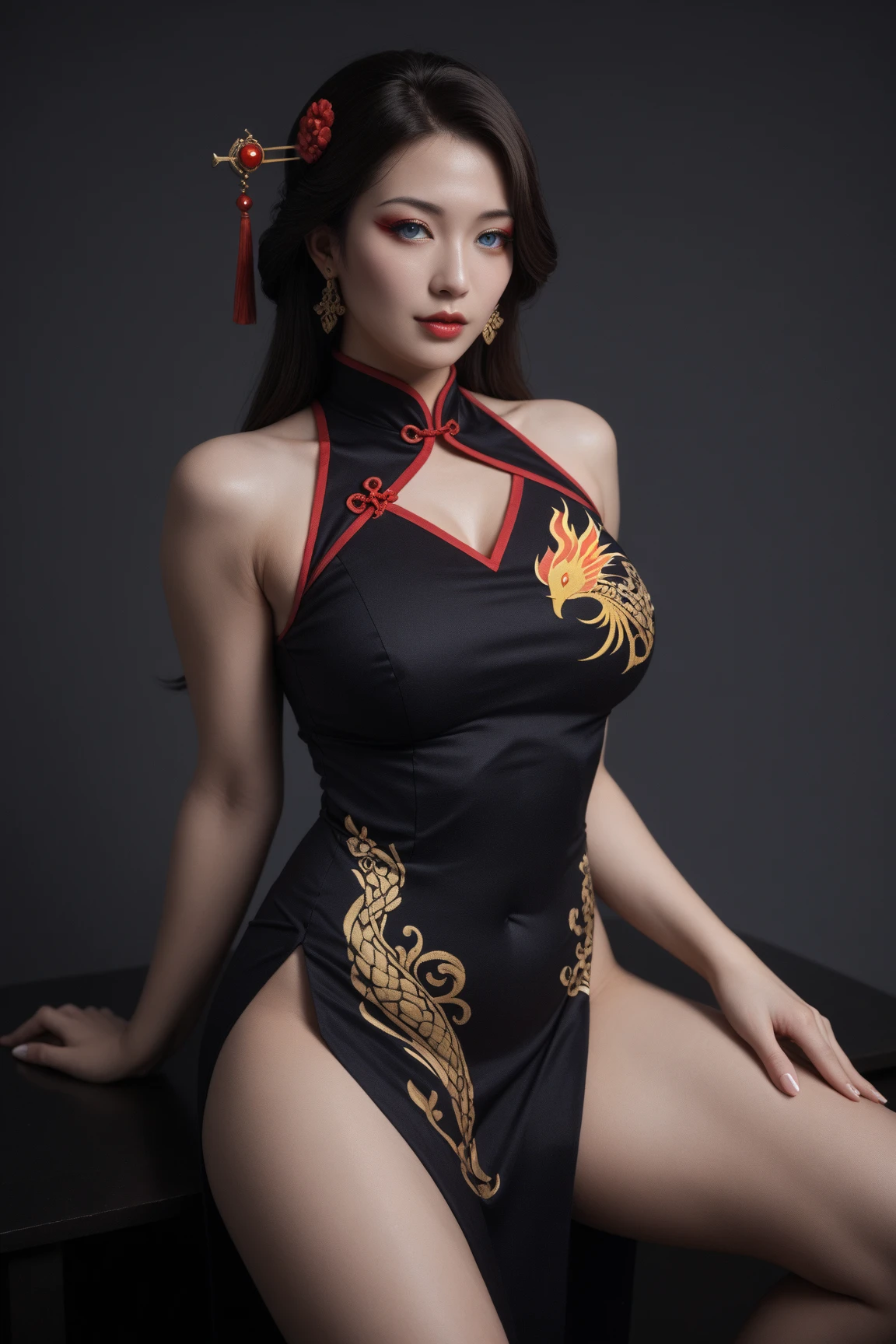 looking at viewer, naughty smile, symmetric, centered, closeup, feminine, athletic, fit, narrow waist,excited, realistic body proportions, realistic, photo-realistic, 8k, highly detailed,1920s bimbo,glossy, sexy, anatomically correct, symmetrical anatomy, analog style, Masterpiece, 4K, beautiful,<lora:Flapper_Dresses:0.95> , flapperdress, black with shiny silver linings, superb golden embroidery, black elbow length glove, woman wearing the flapperdress