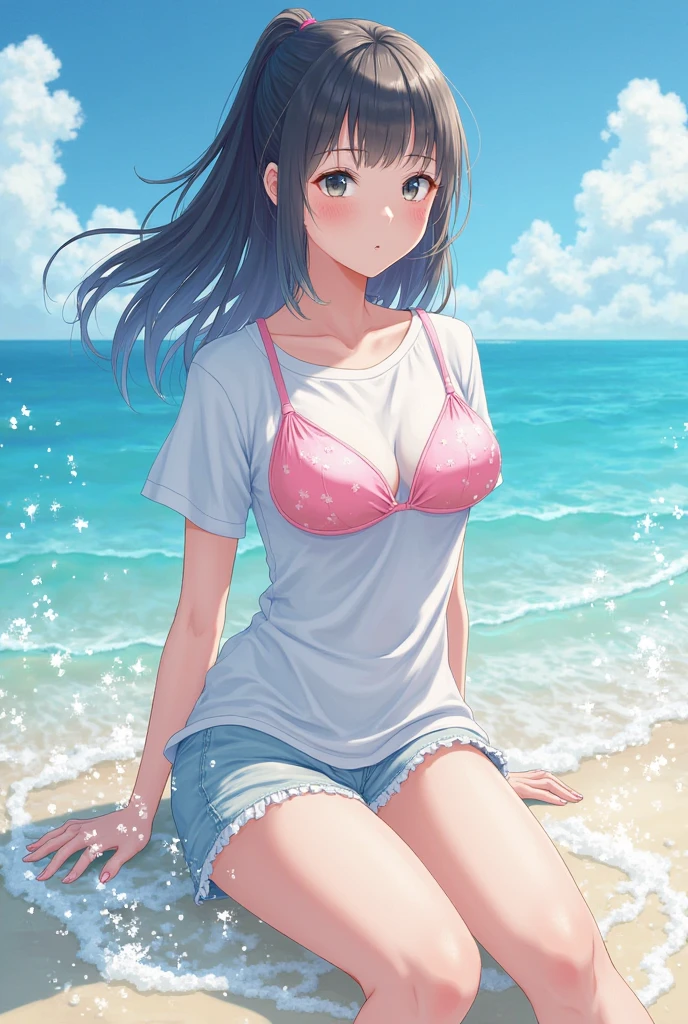 Four girls in plain white boyfriend shirts and cute orange underwear、barefoot、Light blue underwear with ribbon、Light yellow cute underwear、Cherry blossom and white polka dot underwear、Standing posture、Sandy beach, beautiful sea and blue sky